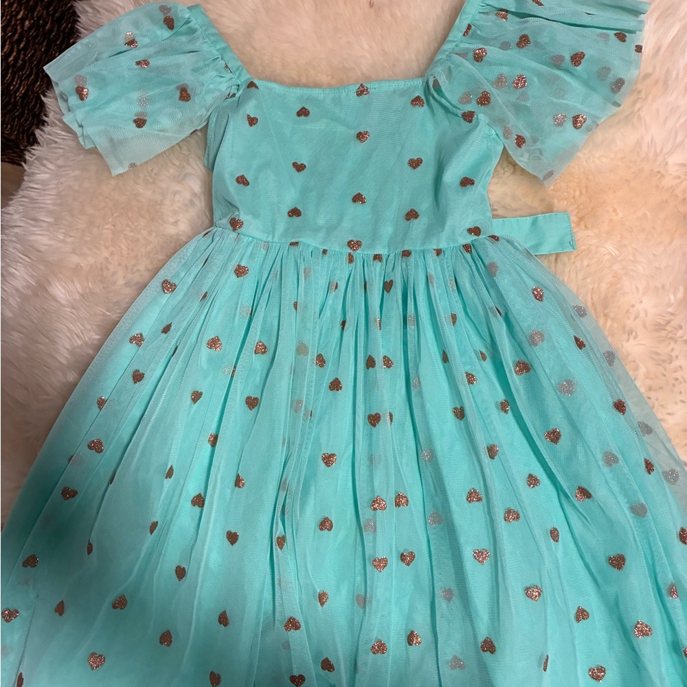 Dot Dot Smile Aqua Dress with Gold Hearts